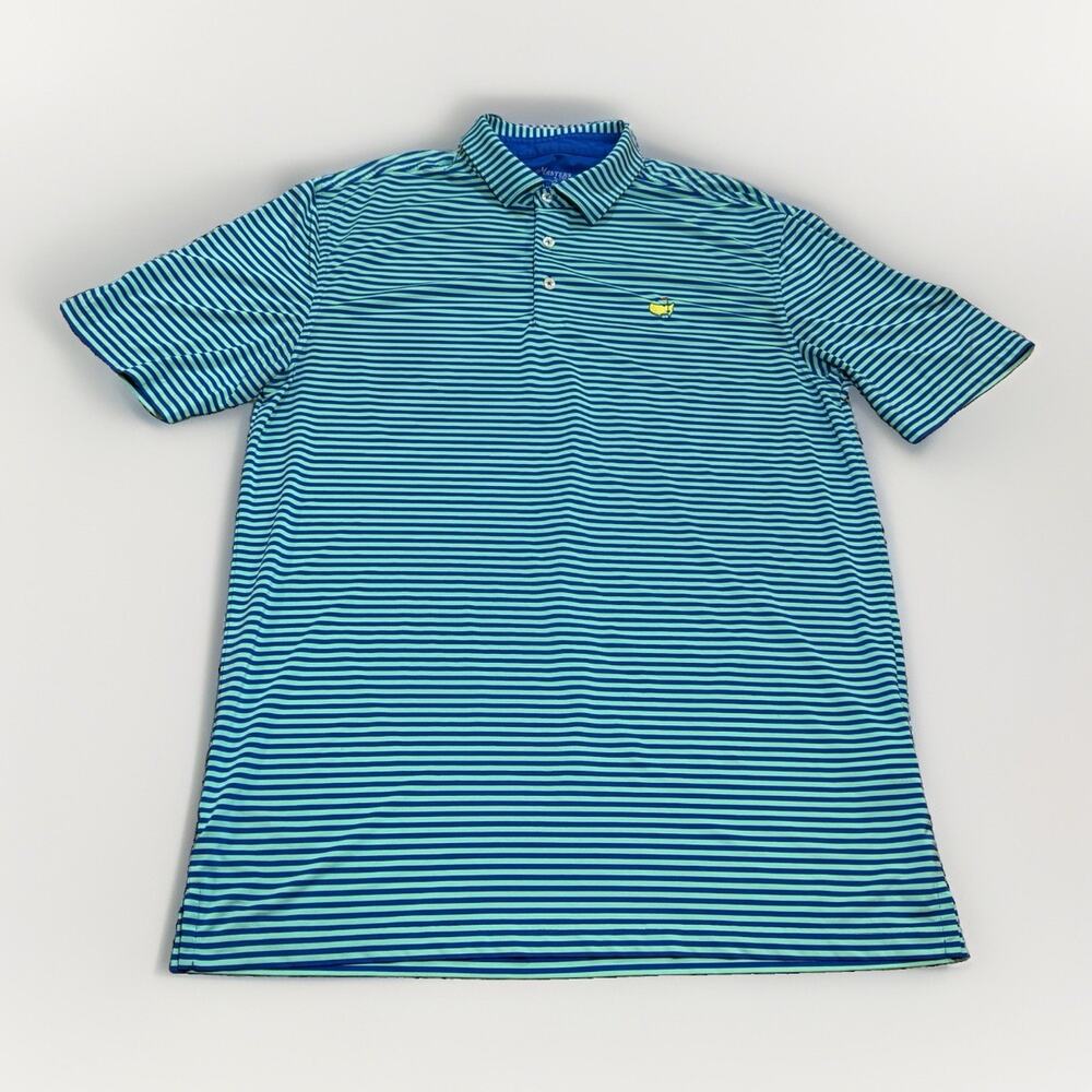 Masters Tech Polo Shirt Mens M Green/Blue Striped Augusta Golf Performance Logo